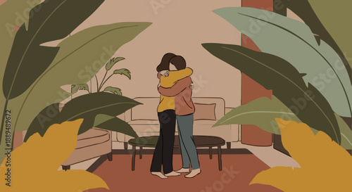 Couple embracing in a cozy café surrounded by lush plants and warm atmosphere from a gentle distance