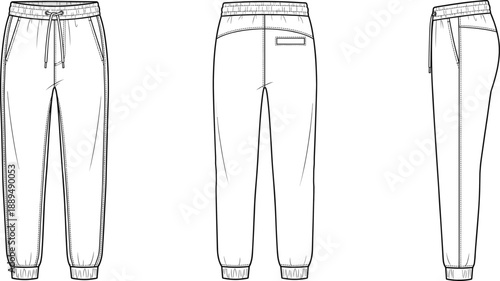 Technical fashion illustration of jogger pants design showing front back and side views with elastic waistband cuffs detailed line art apparel blueprint