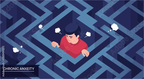 Man trapped in a blue maze, symbolizing chronic anxiety and mental health struggles
