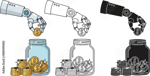 Robotic arms transferring coins into jars representing financial automation and technology