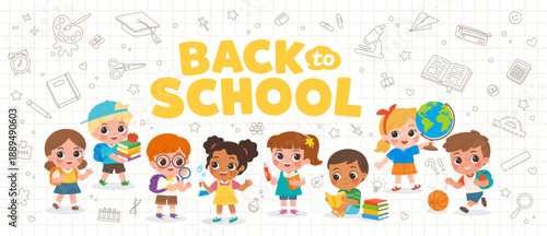 Happy diverse preschool children peeking over a large blank banner, smiling together on a background. Back to school concept.