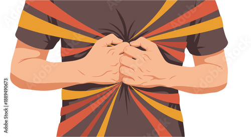 Man clutching chest with hands, radiating lines indicating pain, stress, or strong emotion