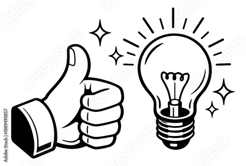 Hand drawn line art symbol set featuring a thumbs up gesture and a glowing lightbulb for success and innovation concepts