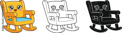 A colorful illustration of three rocking chairs with smiling faces