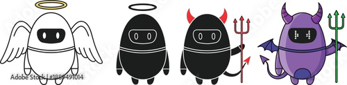 A group of cute cartoon robots representing angel and devil characters