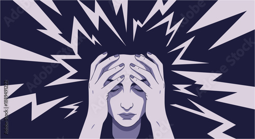 Woman's head exploding with stress and anxiety, illustrated with sharp lightning bolts radiating outwards.