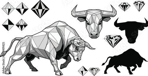 Geometric bull illustrations with diamond motifs in black and white