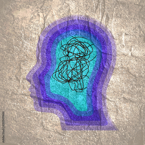 Wallpaper Mural Psychotherapy, stress and psychosis. A man head in profile with a tangled ball of nerves, scribbles symbolizing a depressed state of a person. Psychological help. Personality disorder and depression. Torontodigital.ca