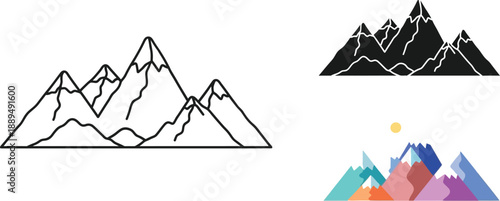 A colorful illustration of mountains in various styles and designs
