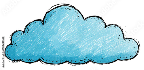 Simple doodle of blue cloud with textured appearance, showcasing whimsical and playful design. This illustration evokes sense of lightness and creativity, perfect for various artistic applications
