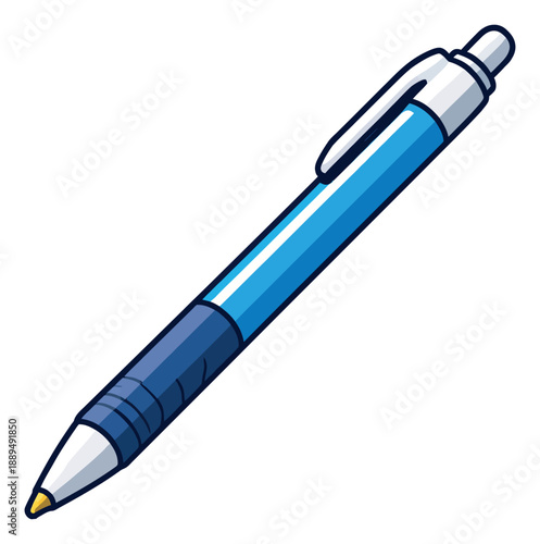 Hand drawn illustration of a blue ballpoint pen depicting a writing instrument for school and office supplies