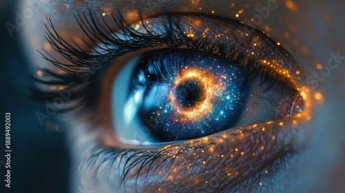 Close-up human eye with long eyelashes; iris appears as a glowing cosmic ring with stars and a dark center, blue and gold sparkles on the eye and surrounding skin, evoking wonder