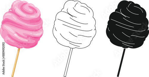 Three colorful cotton candy illustrations on sticks in a row