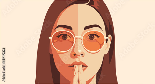 Stylish young woman wearing round sunglasses, keeping a secret, illustration