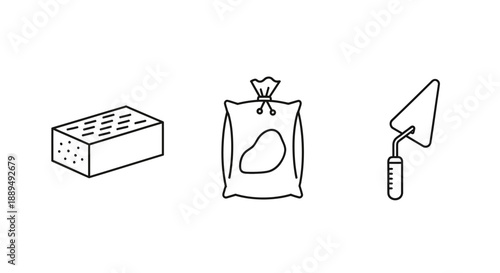 Construction and Masonry Line Icons Set: Brick, Cement Bag, and Trowel Outline Vector Illustration.