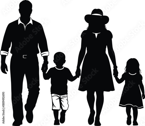 Black silhouettes of happy family with two children walking forward on white background, parents and kids group isolated vector illustration for lifestyle design projects