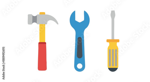 Hammer, Wrench, and Screwdriver Flat Icon Set. Essential Repair and Construction Tools Vector Illustration for Maintenance and DIY Projects.