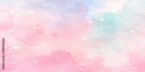Abstract colorful watercolor background with bright blue sky clouds and soft pink bokeh texture under beautiful sunny summer light