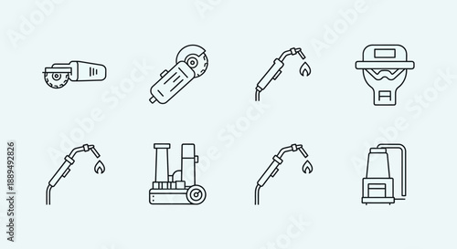 Welding and Metalworking Tools Line Icons Set. Industrial equipment symbols including angle grinder, protective helmet, welding torch, and portable welder machine.