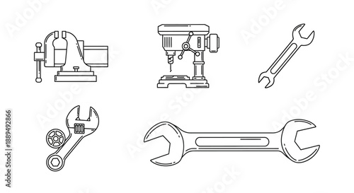 Engineering and Workshop Tools Line Art Icons. Vise, Drill Press, and Wrench Vector Collection for Repair and Maintenance Diagrams