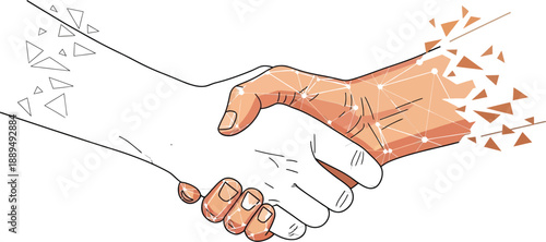 A handshake between two people with a network connection and triangles