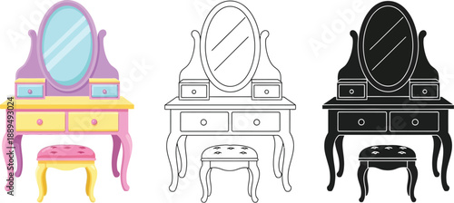 Three different colored vanities with mirrors and stools are shown side by side