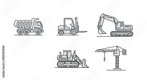 Construction and Heavy Equipment Icons Set. Dump Truck, Excavator, Crane, Bulldozer, and Forklift Outline Line Art Vector