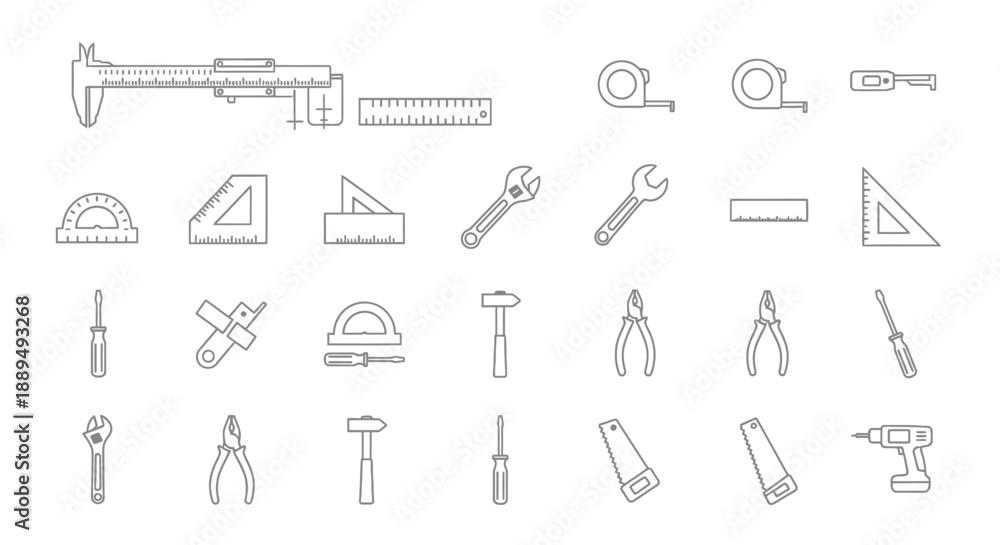 Obraz premium Outline Icons Set of Construction, Measurement, and Repair Tools: Wrench, Hammer, Drill, Screwdriver, Ruler, Caliper, Saw, and Pliers Collection