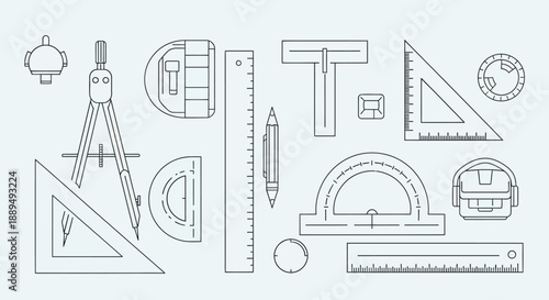 Drafting and Geometry Tools Line Art Pattern. Technical Drawing Instruments, Architect Scale, Compass, Ruler, and Protractor Icons.