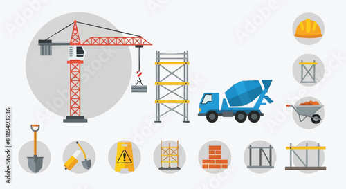 Construction Equipment and Machinery Flat Design Icon Set. Tower Crane, Cement Mixer, Scaffolding, Safety Tools, and Building Materials Vector Collection.