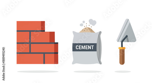 Building and Masonry Essentials: Bricklaying, Cement Powder Bag, and Trowel Tool Icon. Home Repair and Renovation Concept.