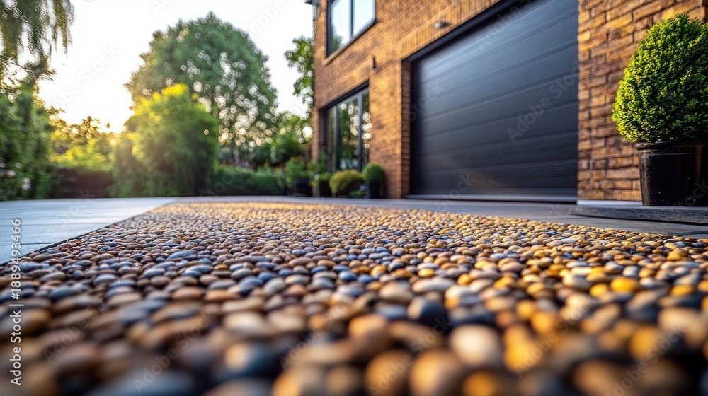 Fototapeta premium sunlit pebble pathway leading to a modern brick house with closed garage door, potted topiary, lush trees and a tranquil warm evening atmosphere