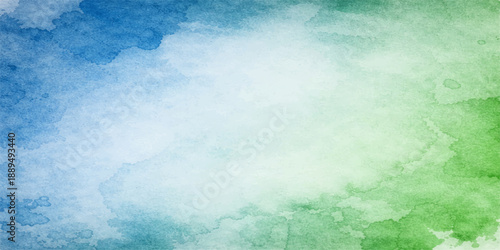 A bright abstract watercolor background blends a vintage blue grunge texture with a summer sky and white clouds for a light nature landscape