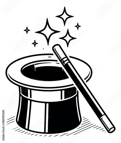 Hand drawn line art illustration of a magic hat and wand depicting sparkling magic for entertainment