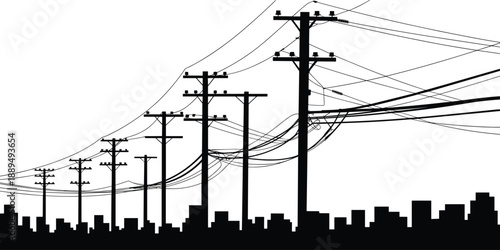 Urban power lines and utility poles silhouette over city skyline, electricity transmission infrastructure illustration, energy distribution concept, modern metropolitan power grid background