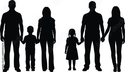 Black silhouettes of multiple happy families with children standing and walking together on white background, diverse parents and kids group isolated vector illustration for design
