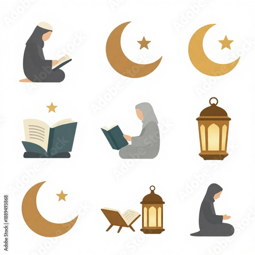 Ramadan-themed illustration set featuring a Muslim woman character reading the Quran and praying, accompanied by golden crescent moon, star, and traditional lantern icons.