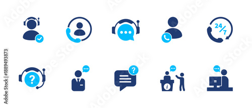 Customer support icon set. headset, agent, chat, helpdesk, service. solid style icon collection.