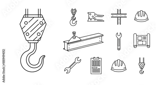 Construction and Engineering Line Art Icons Set. Industrial Tools Outline Vector: Crane Hook, Steel Beam, Hard Hat, Wrench, and Blueprint.