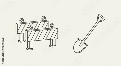 Road Work Line Art Icon: Shovel and Striped Traffic Barricades Vector Illustration