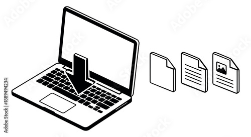 Isometric line art illustration of a laptop with an arrow and documents depicting file download for digital data transfer