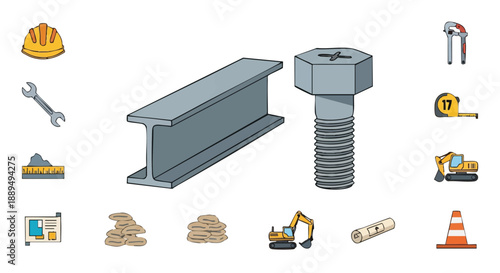 Construction and Engineering Icons Set: Hard Hat, Wrench, I-Beam, Bolt, Blueprint, Excavator, Measuring Tape, and Building Materials.