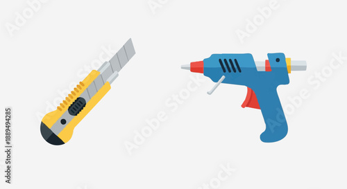 Craft and DIY Tools Icon Set: Utility Knife Cutter and Electric Hot Glue Gun in Flat Vector Style