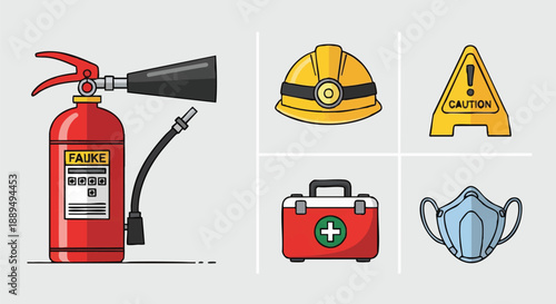 OSHA & Workplace Safety Equipment Icons Set. Hard Hat, Fire Extinguisher, First Aid Kit, Caution Sign, and PPE Mask.