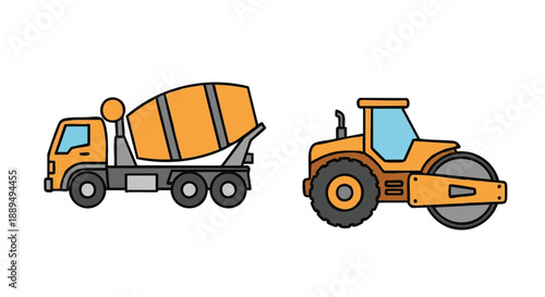 Construction Vehicles Vector Set: Concrete Mixer Truck and Vibratory Road Roller Compactor in Cute Cartoon Style on White Background