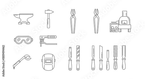 Blacksmith Tools and Metalworking Equipment Line Icons Set. Forging Workshop Collection: Anvil, Forge, Hammer, Tongs.