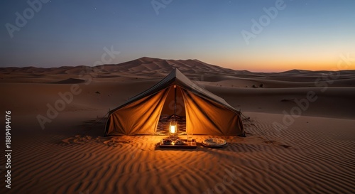 Iftar at Desert Camp with Luxury Lighting, Outdoor Dining and Scenic Travel Atmosphere at Sunset