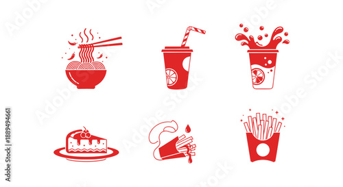 A set of red vector icons representing fast food and drink items