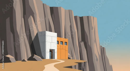 Modern cliffside bunker with orange and white walls near desert pathway under blue sky