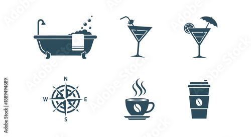 A collection of six simple icons featuring a bathtub, compass, and various beverages